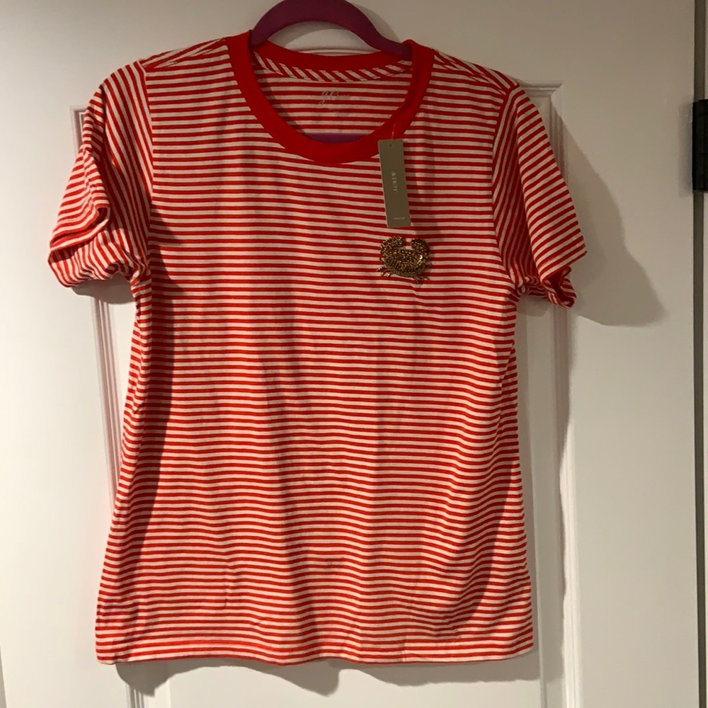 Red and White striped crab embellished t shirt. J crew.